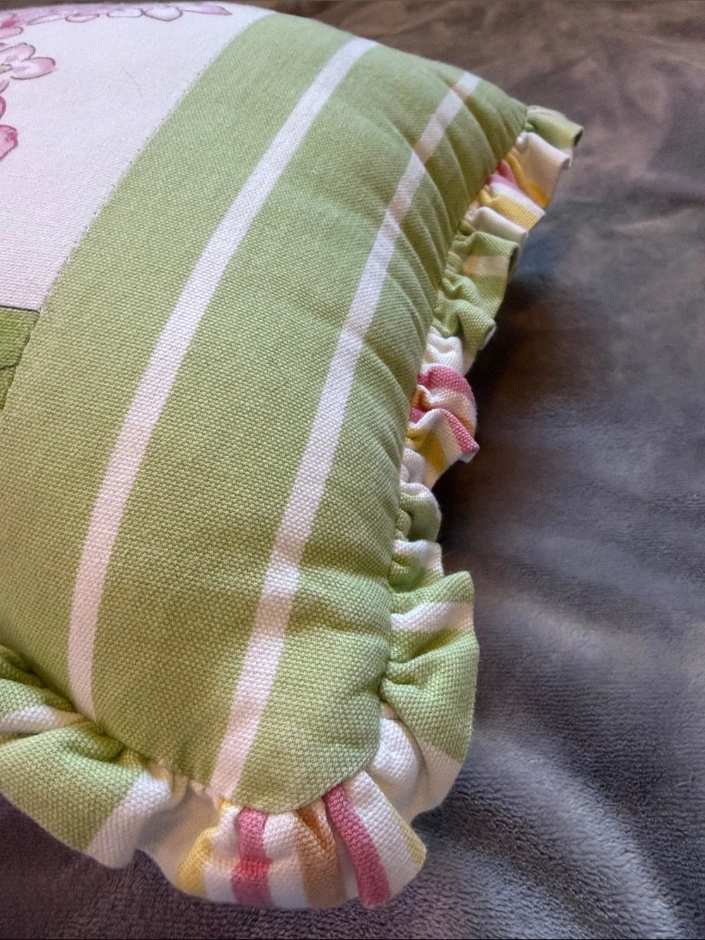Floral Pink & Green Ruffled Decorative Pillow